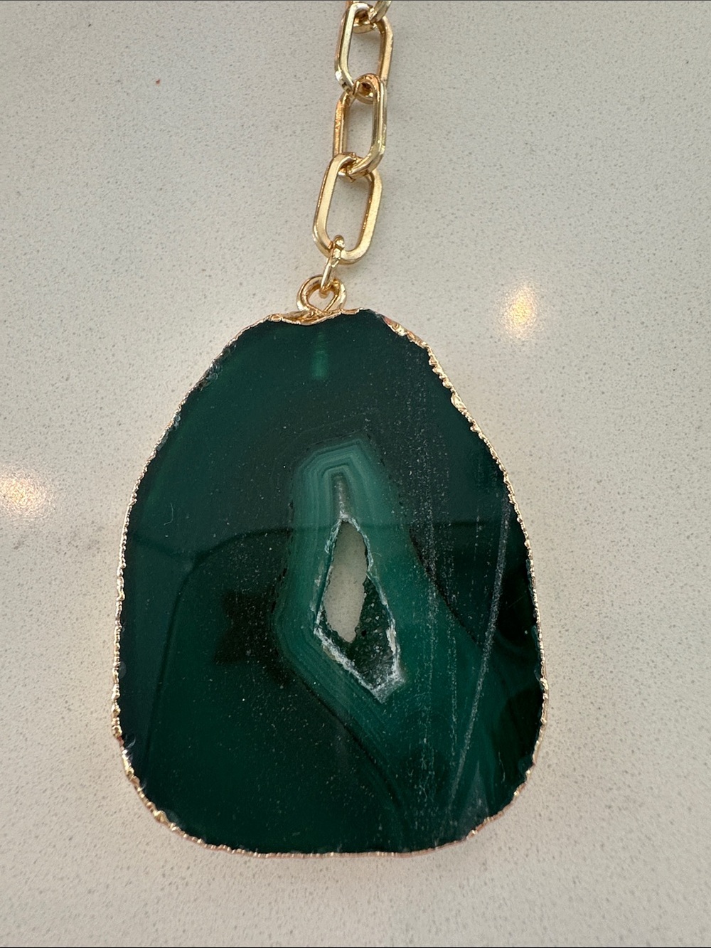 Gold-Edged Dark Green Agate Pendant Necklace - Women Jewelry